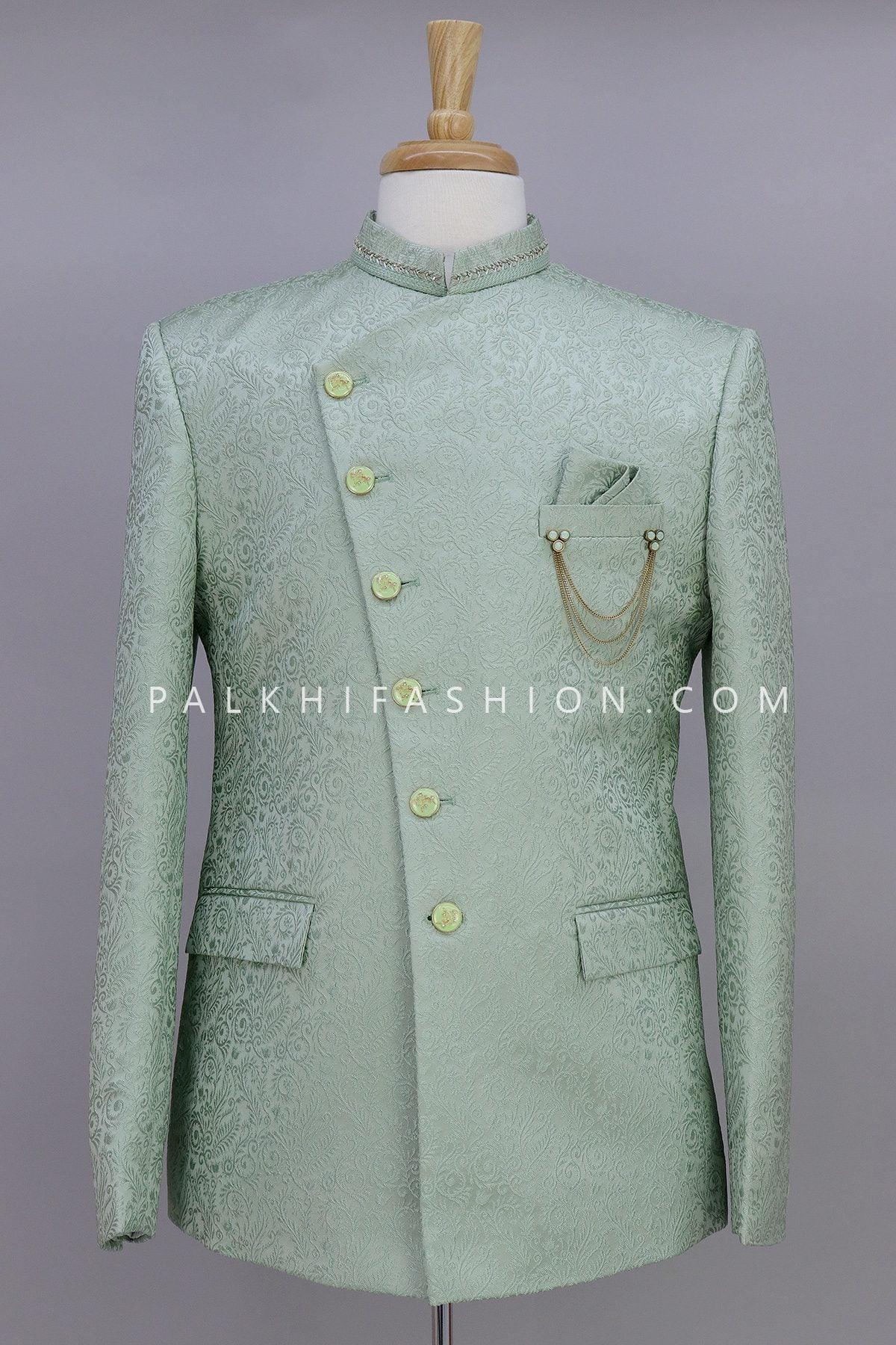 stunning light green jacquard silk jodhpuri suit 373443